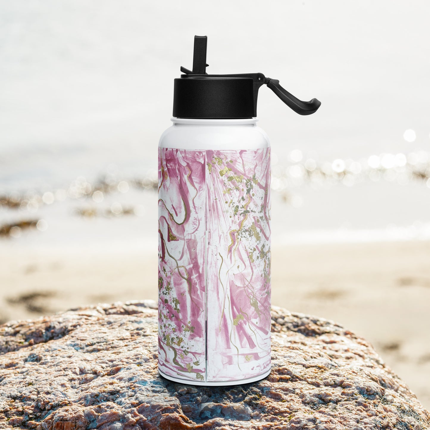 Golden unraveling - Stainless steel water bottle with a straw lid - Glow N Flow Studio 777