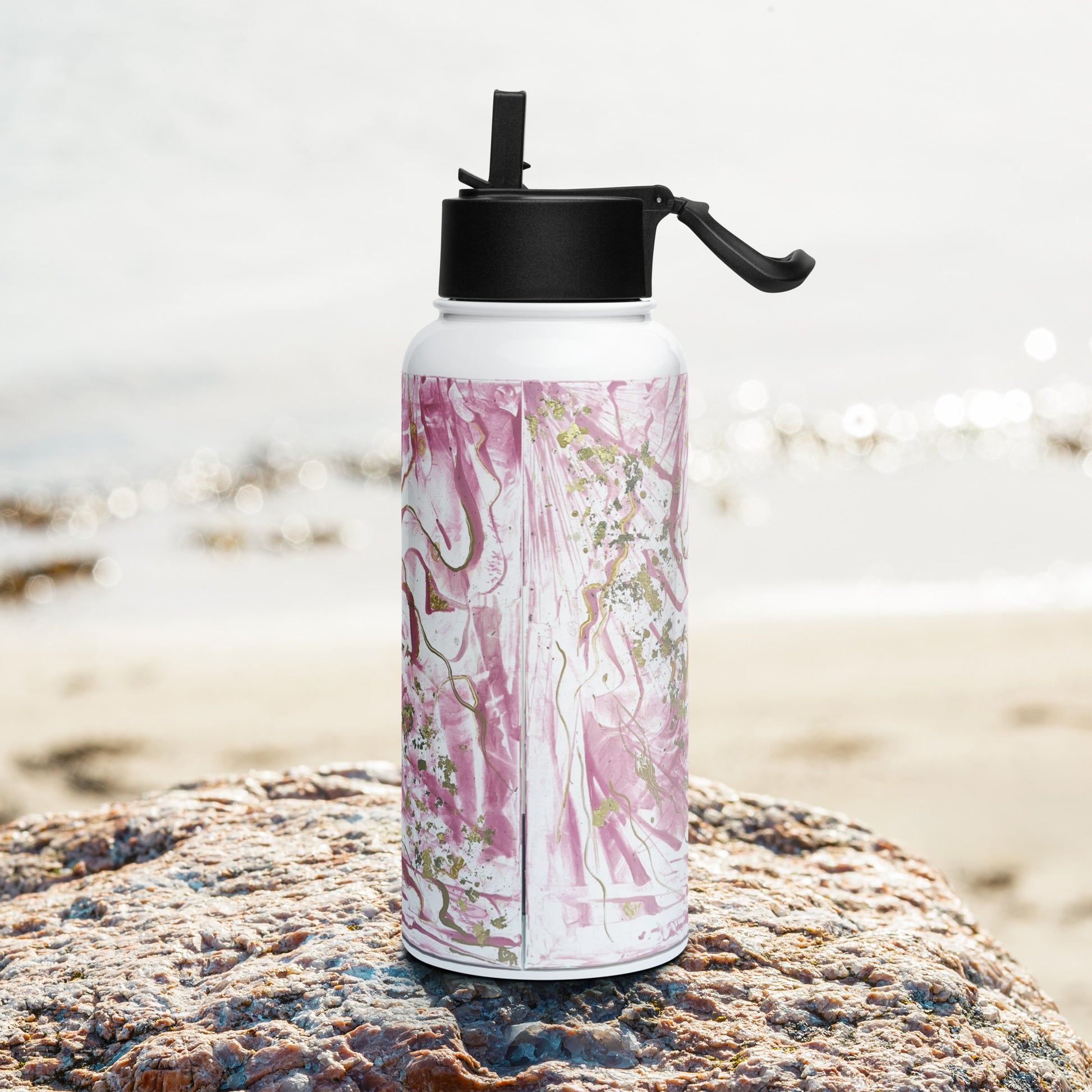 Golden unraveling - Stainless steel water bottle with a straw lid - Glow N Flow Studio 777